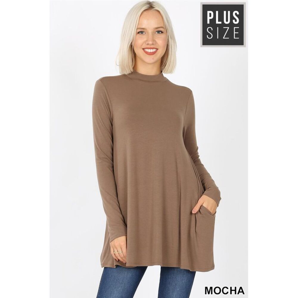World of Leggings Long Sleeve Mock Neck Plus Size Top with Pockets
